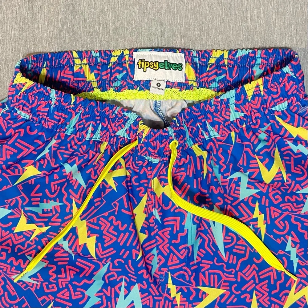 Tipsy Elves Grease Lightening Swim Trunks Small 4 Way Stretch Bolt Print